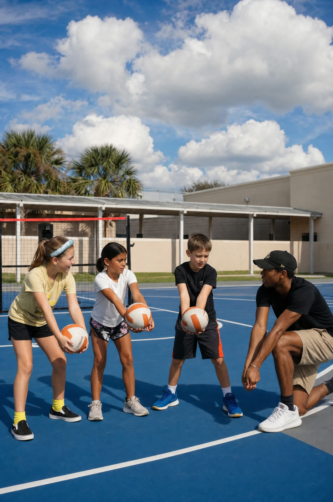 A coach teaching kids volleyball on a school court