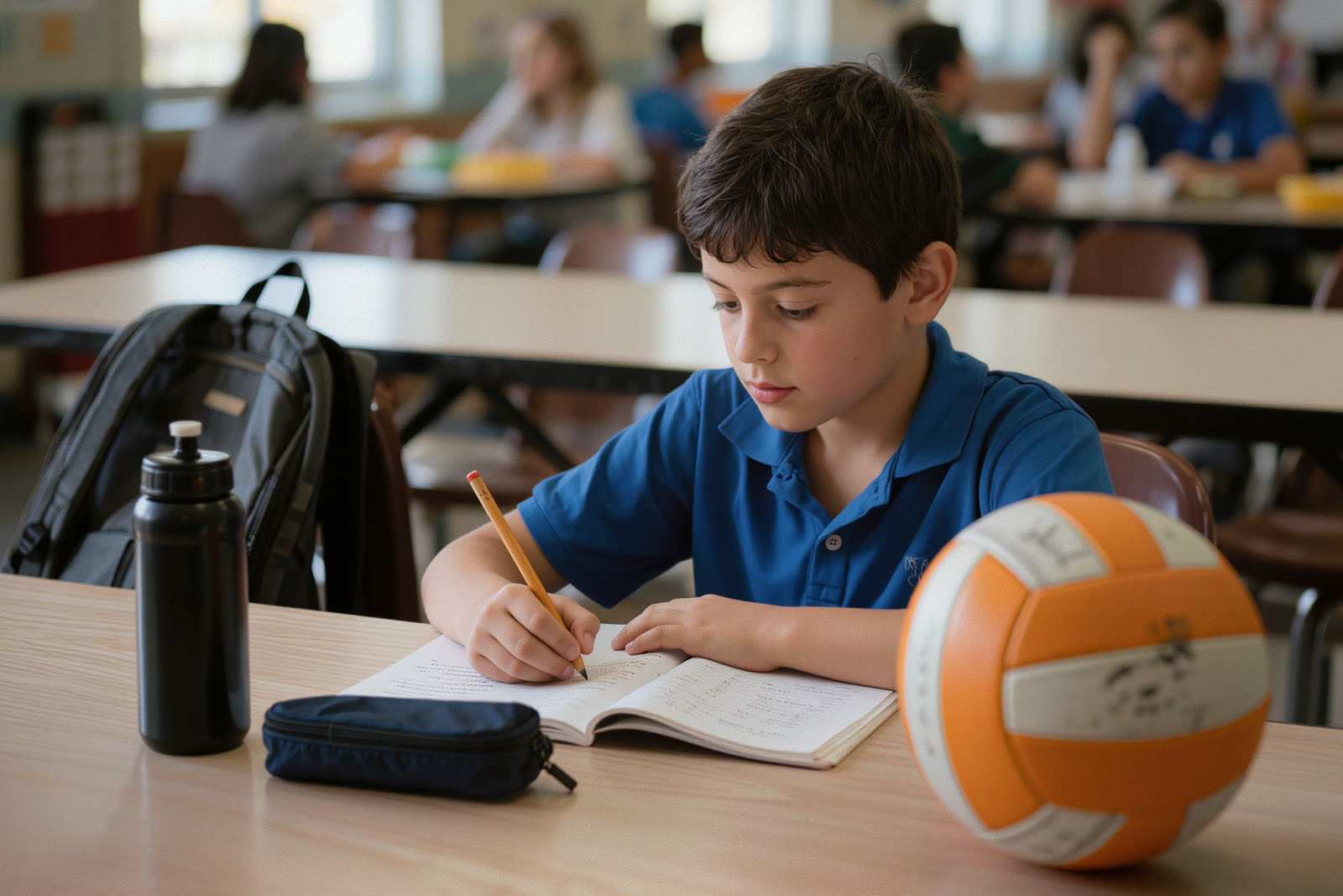 A student doing homework with a volleyball on the table